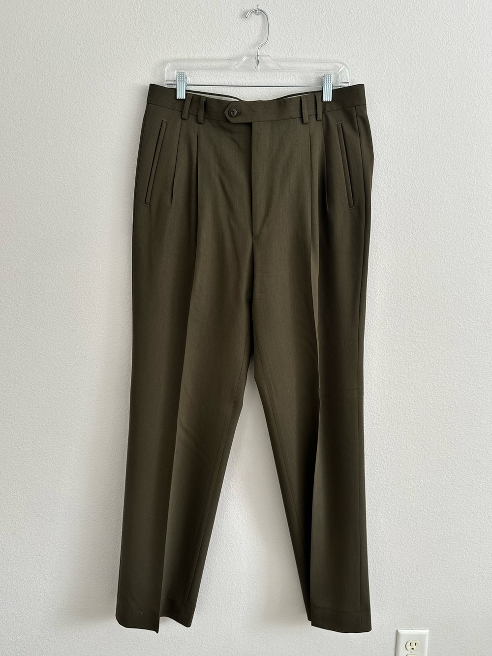 Men's St Croix Pleated Trousers Olive Green Size 34 W 34 L Wool Made in Italy